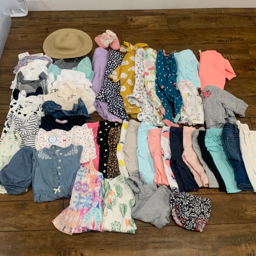 0-3 months baby girl clothing lot 56 items good used condition. Pajamas jeans
